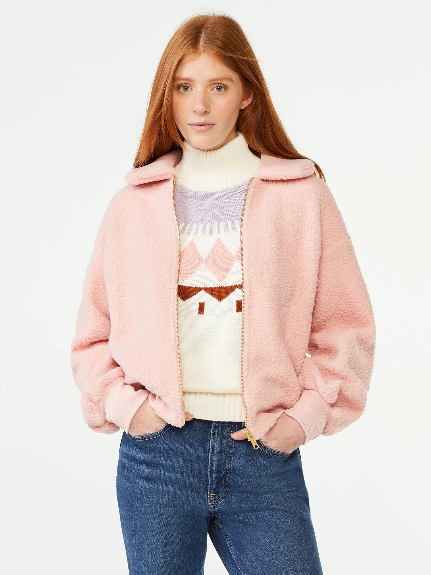 Free Assembly Women's Zip Front Teddy Bomber Jacket - Walmart.com | Walmart (US)