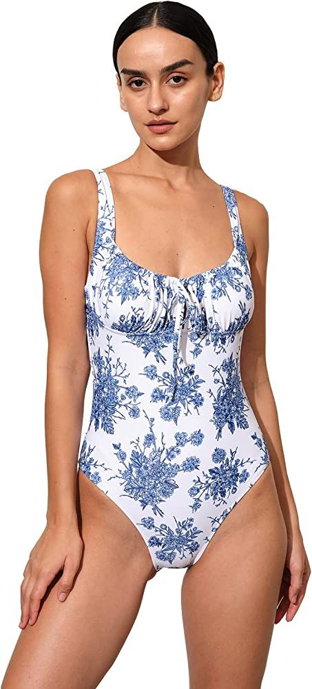 BERLOOK Women’s Tie Floral Sexy One-Piece Tankini Bathing Suits Slimming Swimsuit | Amazon (US)