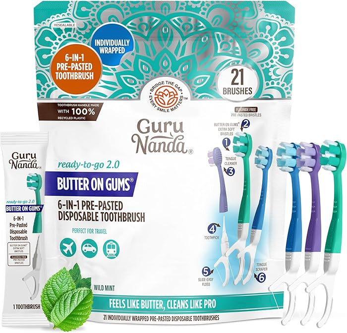 GuruNanda 6-in-1 Ready-to-Go Disposable Toothbrush, Pre-Pasted Butter on Gums Softex Bristles, Fl... | Amazon (US)