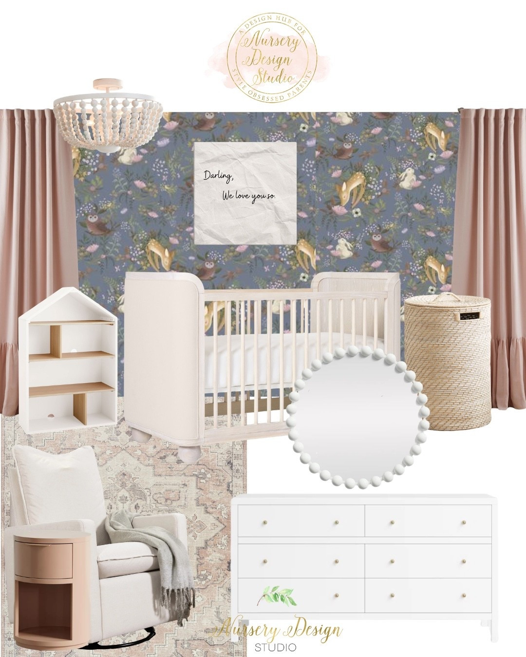 Shop Emilie’s nursery—the statement woodland wallpaper, white crib and dresser, blush glider, vintage-inspired rug, rose curtains, woven storage, and beaded accents create a layered, feminine room with just the right touch of whimsy.

#LTKBaby #LTKKids #LTKBump