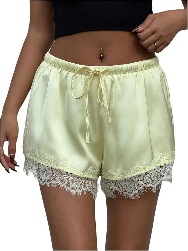 MakeMeChic Women's Satin Lace Boxer Shorts Y2k Elastic Waist Lounge Slip Shorts French Knickers | Amazon (US)