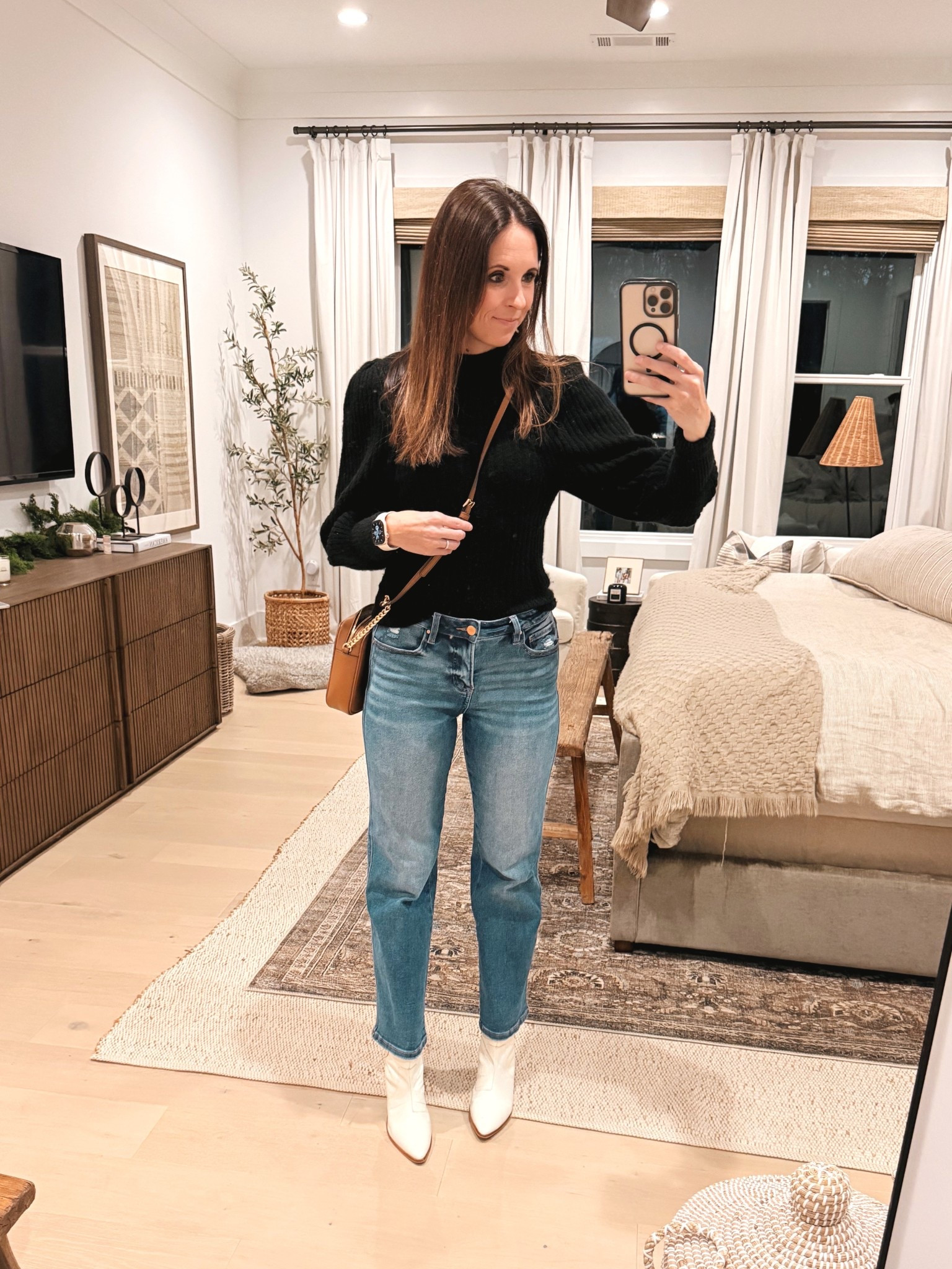 GNO!! Loving this puff sleeve wool sweater and short straight leg jeans 🫶🏻 these white faux croc skinned booties are so comfy and adorable! Don’t forget a cute little purse to dress it up ✨Also this floor length mirror from Amazon is so affordable and perfect for a bedroom!

#LTKmomlife #LTKHoliday #LTKBeauty