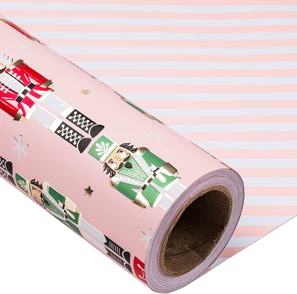 LeZakaa Reversible Christmas Wrapping Paper - Jumbo Roll - Pink Metallic Foil Gift Wrap Paper with N | Amazon (US)