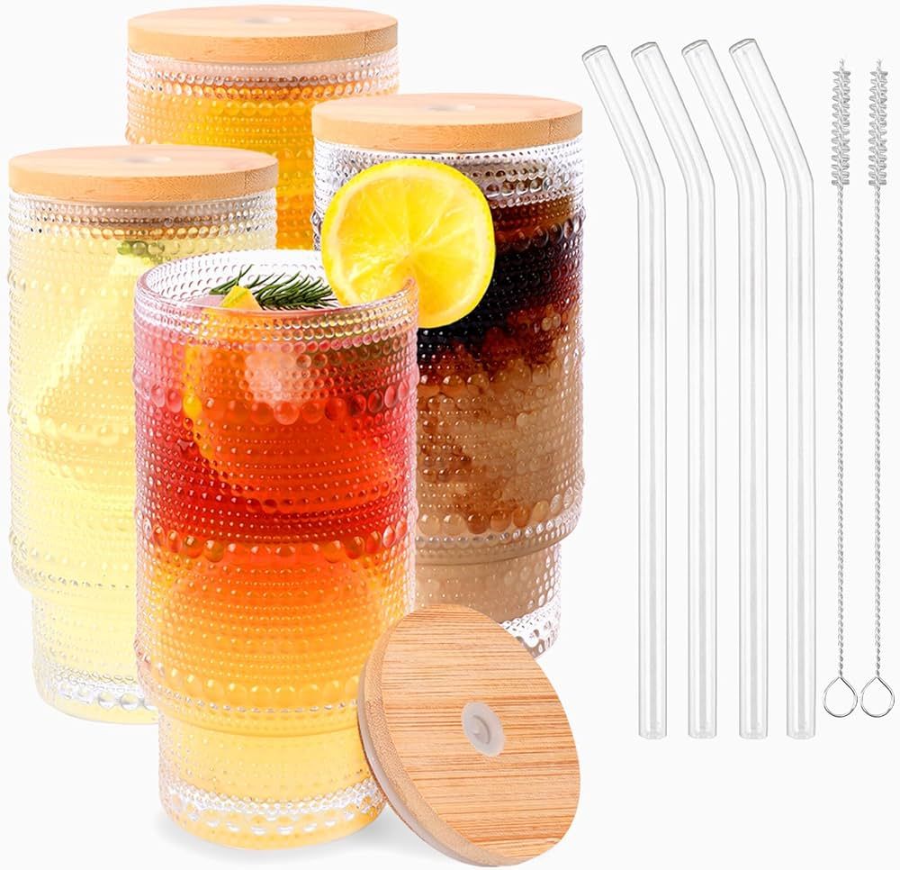 Vintage Drinking Glasses Set of 4 with Bamboo Lids and Straws, Ribbed Drinking Water Highball Gla... | Amazon (US)