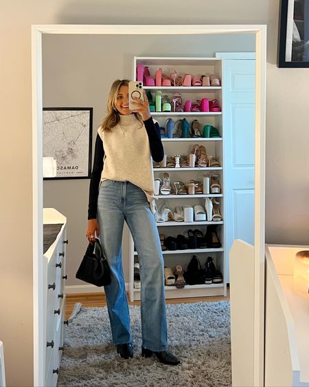 Fall business casual outfit ideas. Straight leg jeans are from Hollister 