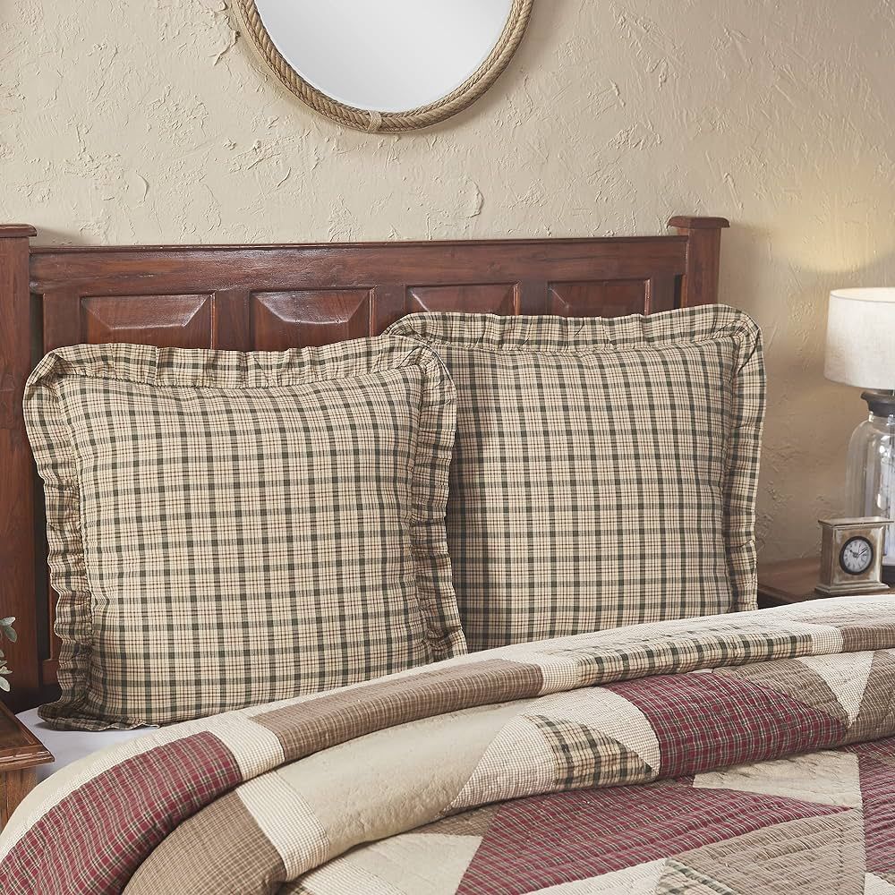 VHC Brands Cider Mill Plaid Euro Sham Ruffled Pillow Cover for Bedroom, Tan Green Khaki, 26x26 In... | Amazon (US)