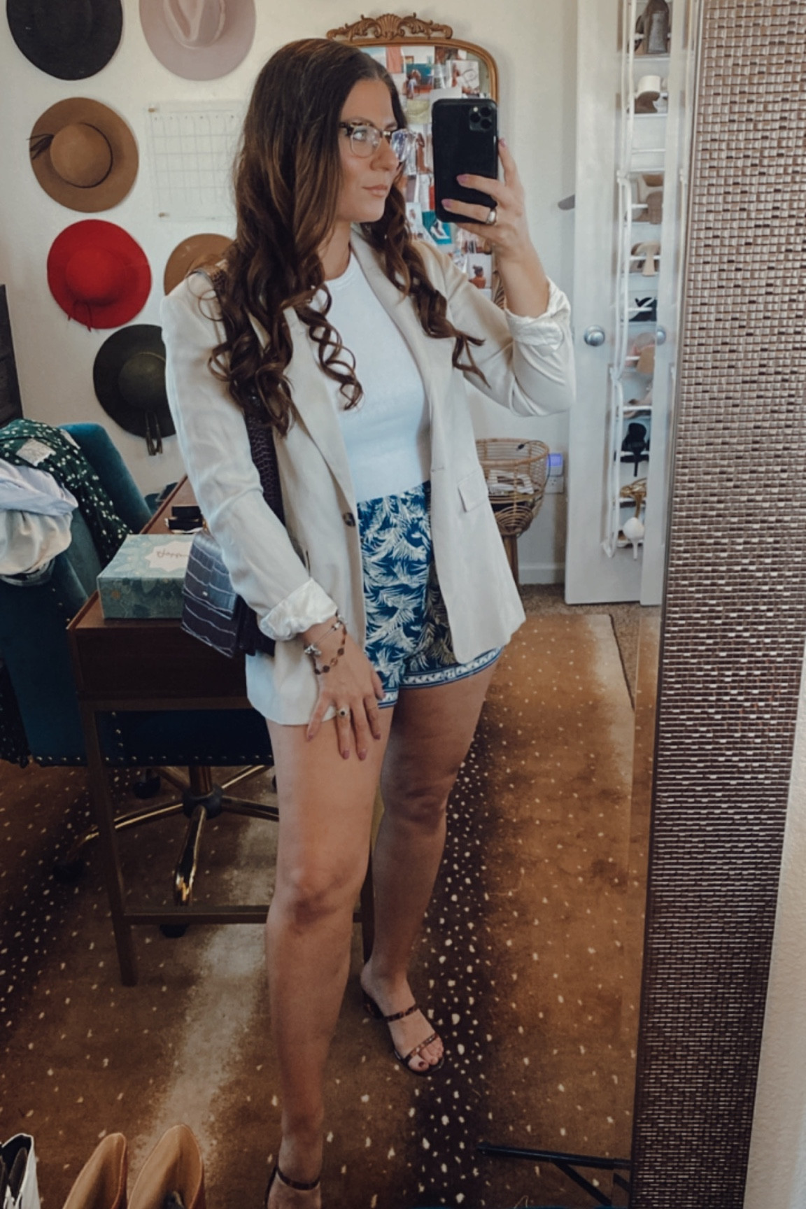 OOTD featuring leaf print shorts, tortoise sandals, a classic high neck tank, and a linen blazer

#LTKshoecrush #LTKSeasonal #LTKstyletip