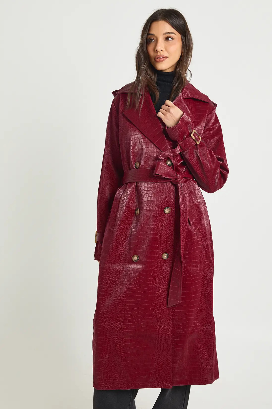 Croc Faux Leather Trench Coat | boohoo (US & Canada)