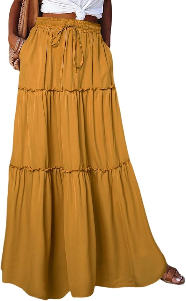 QACOHU Womens Casual Elastic High Waist Lace up Tiered Paisley Long Skirt with Pockets | Amazon (US)