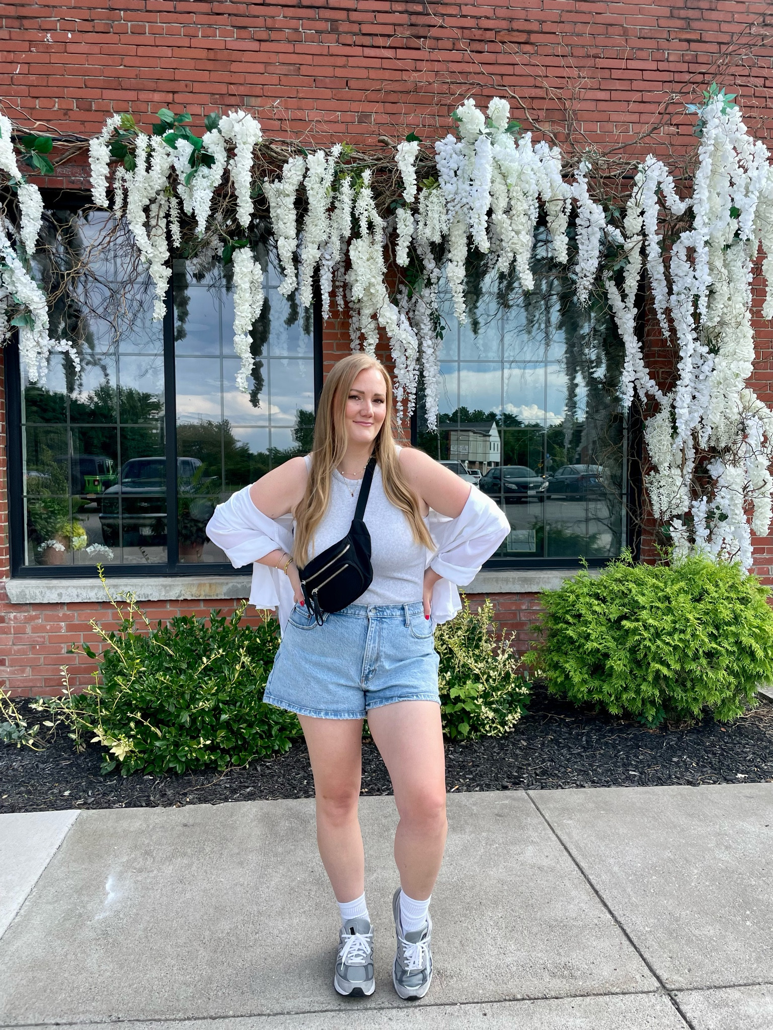 Easy summer outfit inspo, denim shorts, Abercrombie shorts, grey rib knit tank, white button down shirt, black belt bag, grey new balance sneakers. Midsize outfit inspo, street style, mom outfit inspo, over 30 summer style  

#LTKstyletip #LTKmidsize #LTKSale