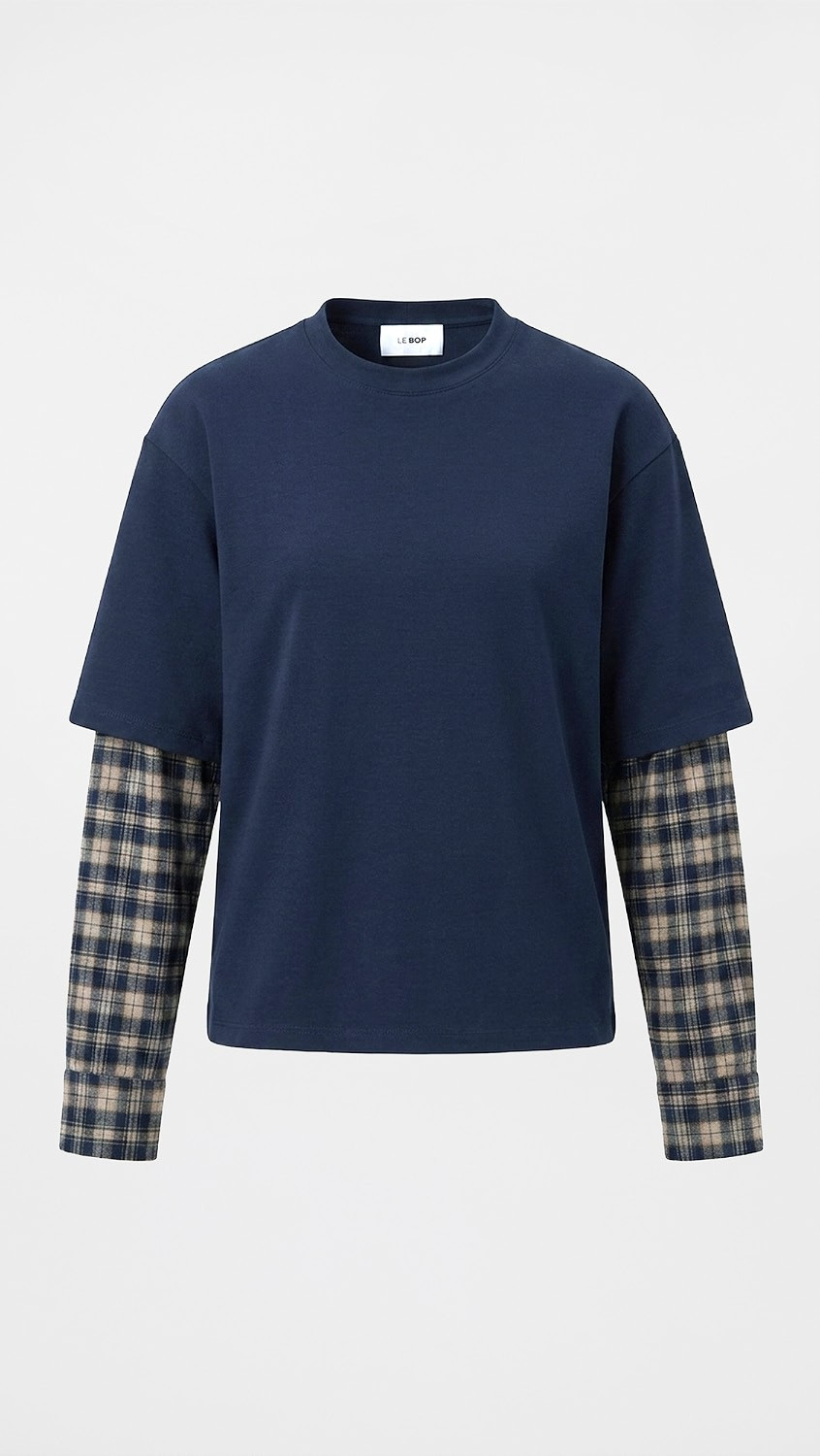 LE BOP Phoenix Double Layer Shirt Off White/Navy Plaid XS | Shopbop