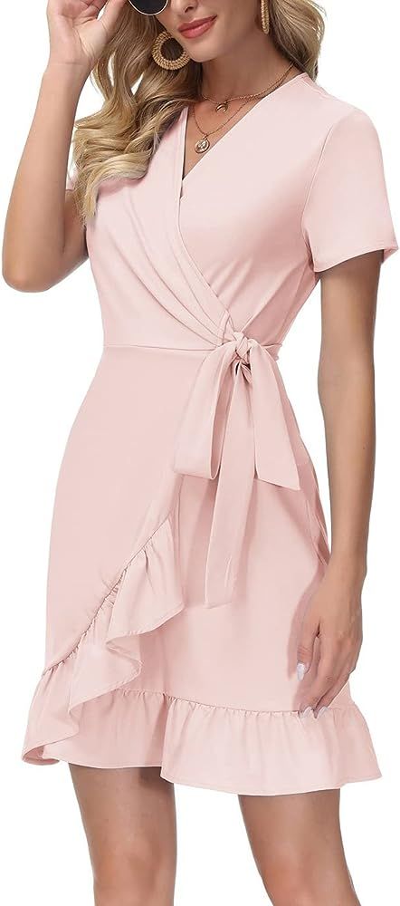Kate Kasin Women Mini Dress Wrap V Neck Casual Summer Dress Short Sleeves Ruffled Irregular Hem with | Amazon (US)