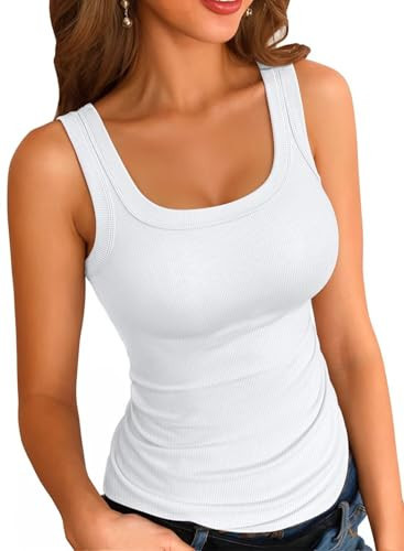 VICHYIE Womens Summer Tank Tops Square Neck Ribbed Knit Slim Fitted Sleeveless Cami T-Shirt Basic Tanks White L | Amazon (US)