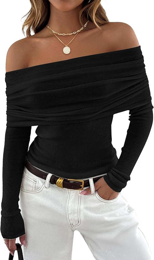 ZESICA Long Sleeve Shirts for Women Ribbed Knit Off Shoulder Slim Fit Going Out Tops Outfits 2025... | Amazon (US)