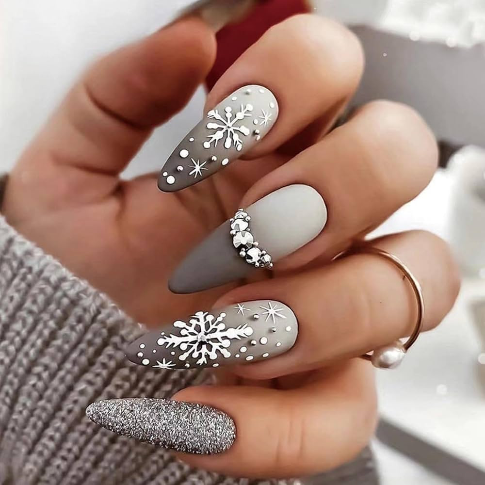 Christmas Press On Nails - Fake Nails with 3D Silver Snowflake Designs - Gray Gradient Christmas ... | Amazon (US)
