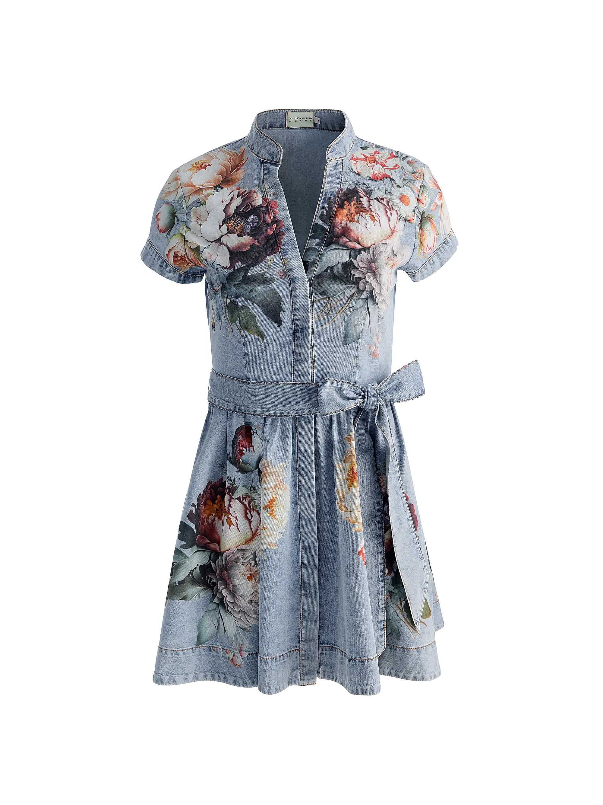 ALICE + OLIVIA Lucy Floral Cotton Denim A-Line Mini-Shirtdress | Saks Fifth Avenue | Saks Fifth Avenue