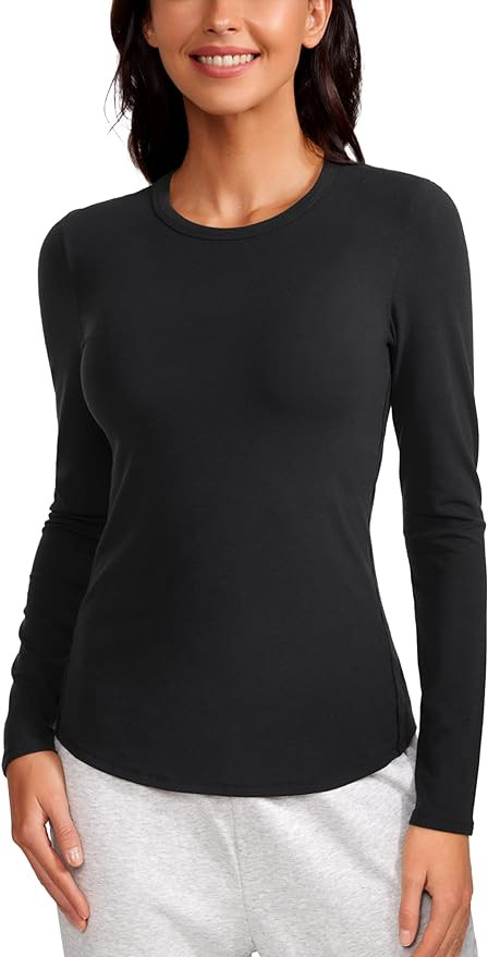 CRZ YOGA Womens Long Sleeve Shirts Stretchy High Crewneck Slim Fitted Shirt Fall Casual Basic Lay... | Amazon (US)