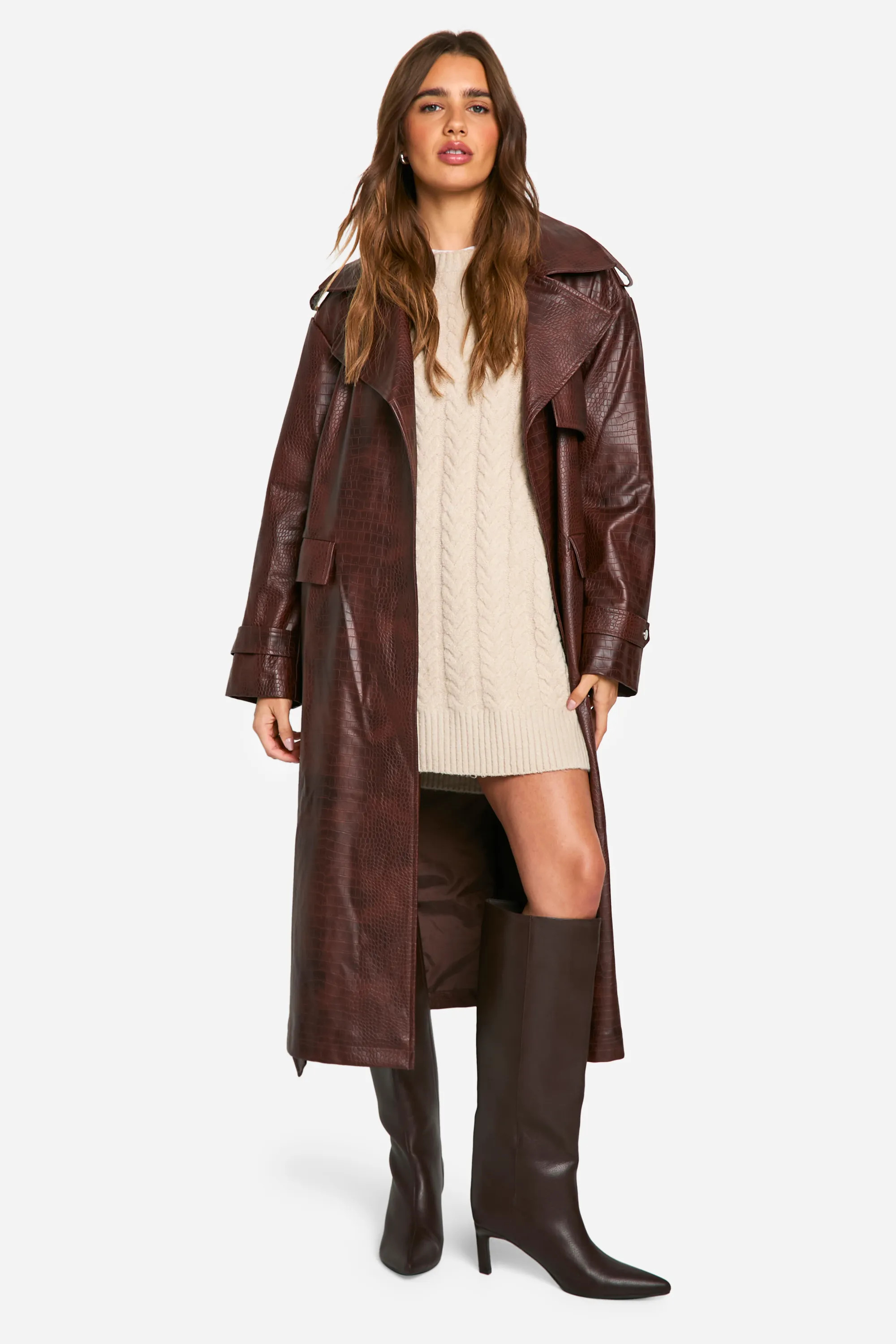Crocodile Faux Leather Trench Coat | boohoo (US & Canada)