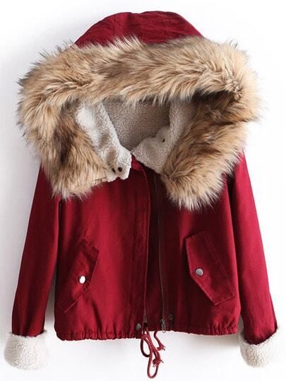 Red Fur Hooded Long Sleeve Drawstring Coat | SHEIN