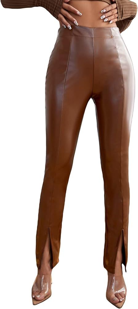 MakeMeChic Women's Faux Leather Pants High Waisted Straight Leg Pleather  Pants