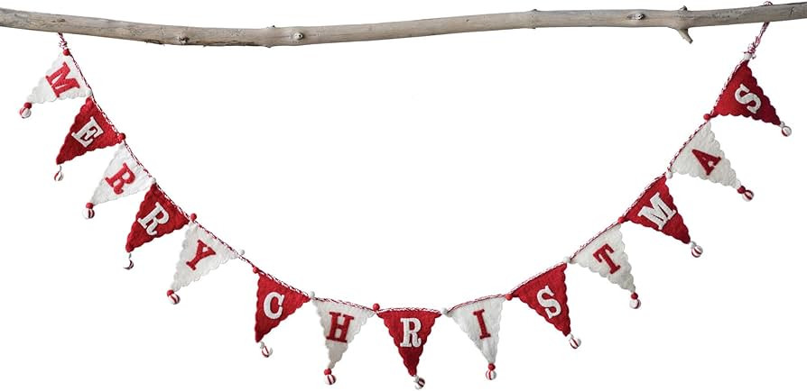 Creative Co-Op XM1928 Cream & Red Banner Style Wool Felt Merry Christmas Poms Garland, Red | Amazon (US)