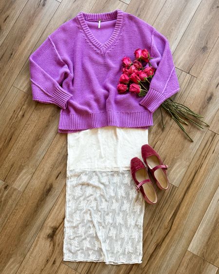 Valentine’s Day outfit. Lace skirt. Date night outfit. Colorful outfit. Purple sweater . Free people sweater. 

#LTKGiftGuide #LTKSeasonal #LTKsalealert