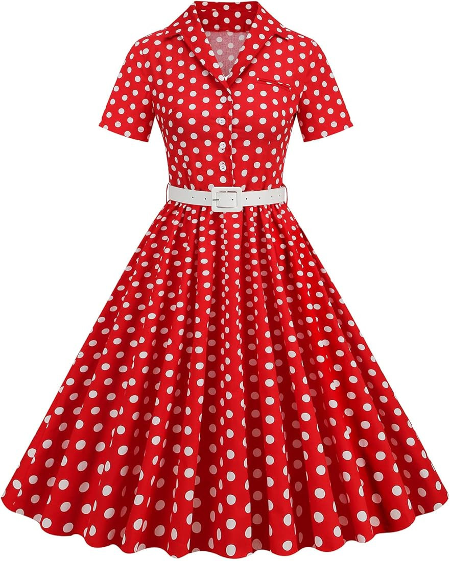 1950s Dresses for Women Vintage Rockabilly Retro Short Sleeve Tie Midi Dress Cocktail Party Eveni... | Amazon (US)