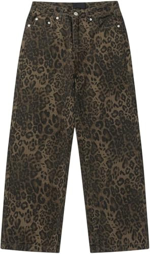 Cheetah Jeans Y2k Leopard Print Vintage Baggy Wide Leg High Waisted Oversized Cheetah Print Jeans (Brown, Large) | Amazon (US)