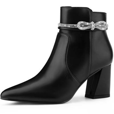 BLISSFUL STEP Rhinestone Bow Pointed Toe Chunky Heel Ankle Booties for Women 8 Black | Target