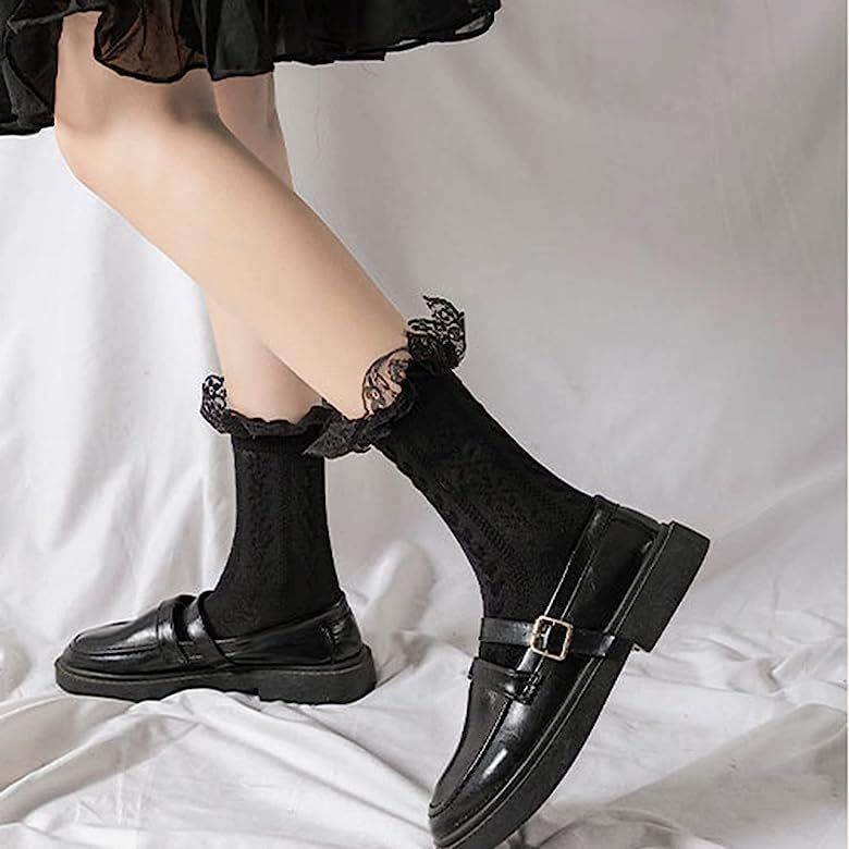 Amazon.com: BIVOLU Womens Crew Socks Lace Ruffle Frilly Cotton Cute Princess Ankle Dress Socks fo... | Amazon (US)