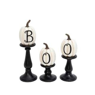 GERSON INTERNATIONAL 17.52 in. Large White Resin/Stone Lettered Pumpkins on Candleholders (Set of... | The Home Depot