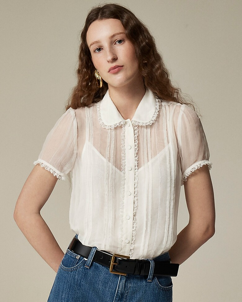 Sheer lace-trim button-up shirt | J. Crew US