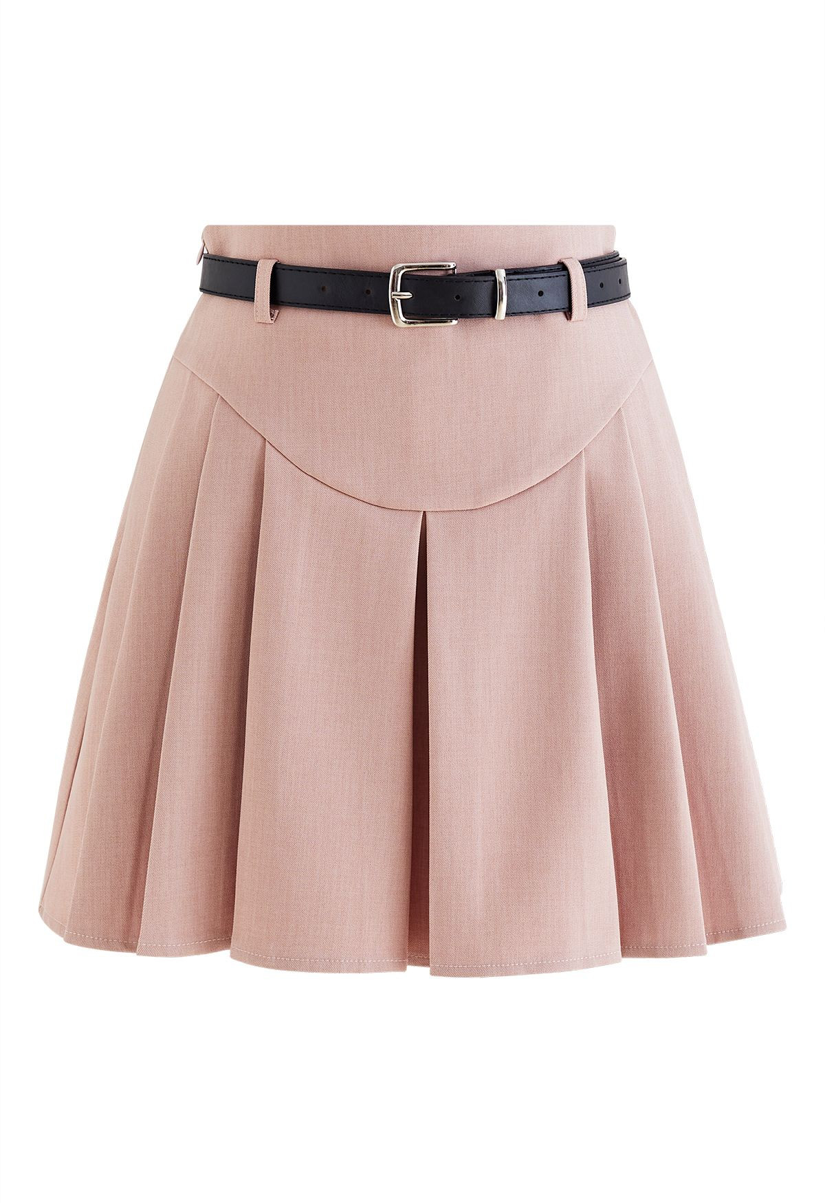 Seam Detailing Belted Pleated Mini Skirt in Pink | Chicwish