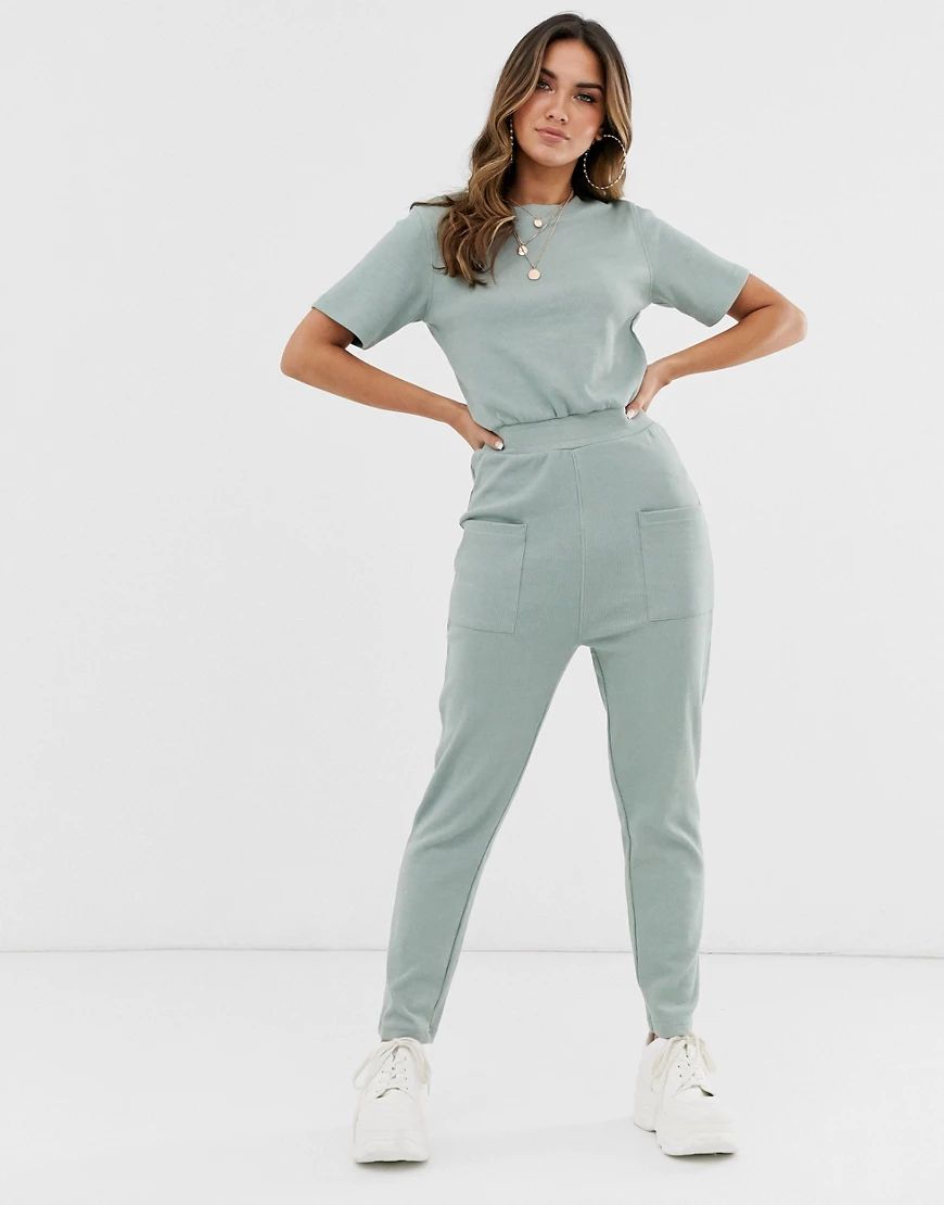 Missguided ribbed jumpsuit with pocket detail in sage-Green | ASOS (Global)