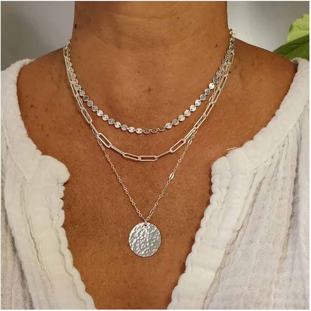 Iaceble Bohemia Layered Disc Choker Necklace Tiny Disc Chain Necklace Silver Paperclip Chain Neck... | Amazon (US)