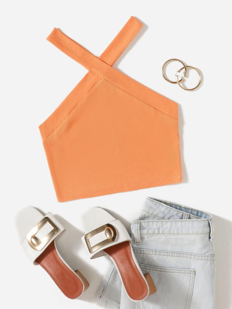 SHEIN EZwear Rib Knit Halter Crop Top | SHEIN