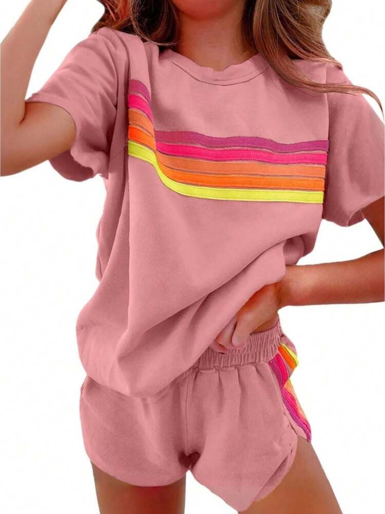 2 Piece Lounge Sets For Women Summer Rainbow Striped Tops Casual Shorts Color Blocked Suit Sweatshirts Set | SHEIN