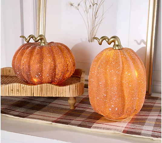 "As Is" Home Reflections S/2 Illum Textured Glass Pumpkins - QVC.com | QVC