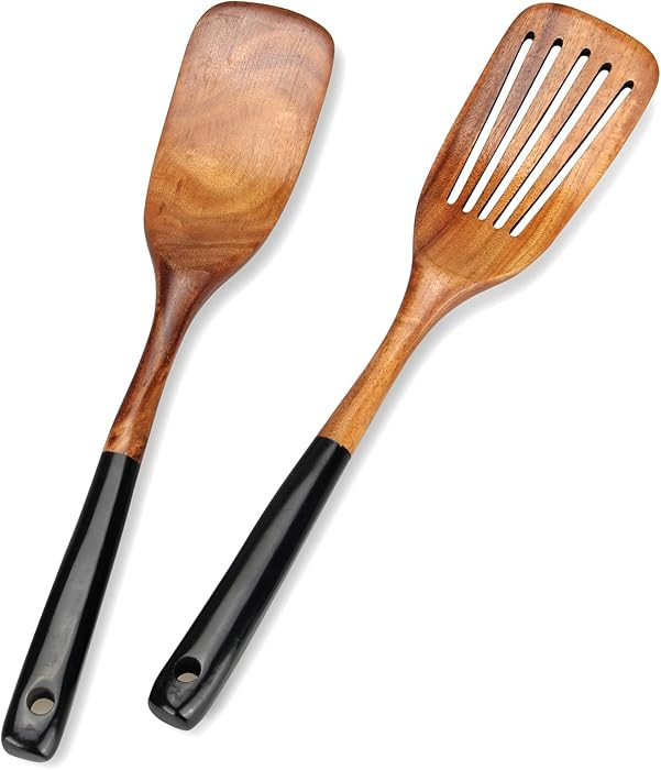 2 Pcs Wooden Spatula Set for Cooking Non Toxic Teak Kitchen Utensils Slotted Pancake Turner Flat ... | Amazon (US)