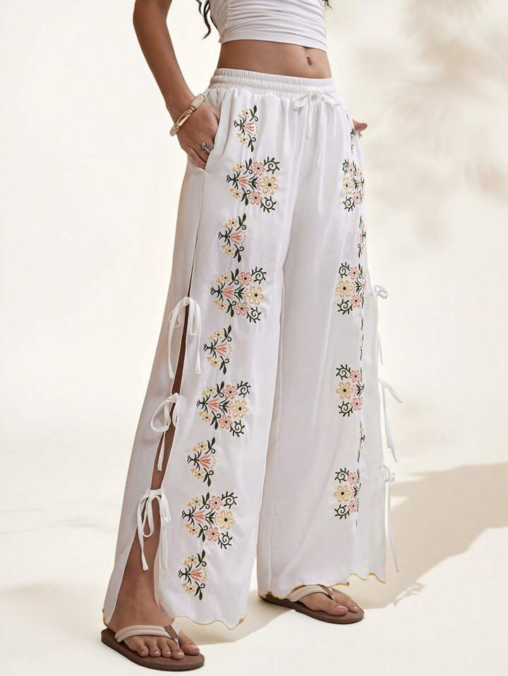 Easelle Oversized Pocket Casual Embroidered Long Pants, Simple & Fashionable, Suitable For Summer | SHEIN