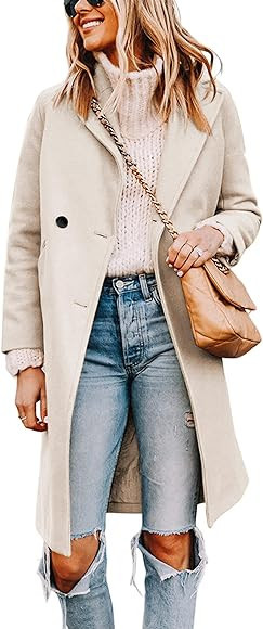 Tanming Women's Notch Lapel Double Breasted Wool Blend Mid Long Pea Trench Coat | Amazon (US)