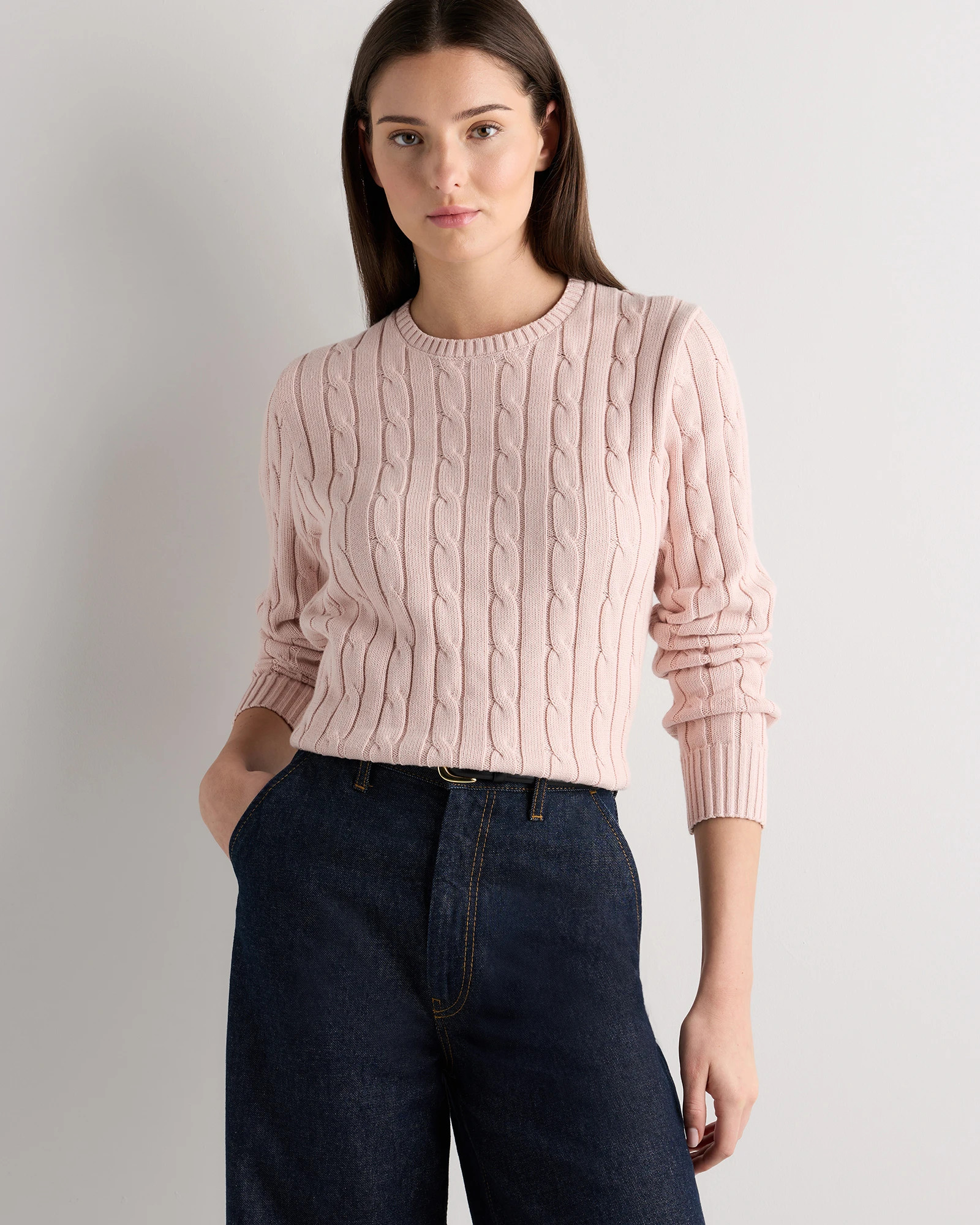 Quince | Women's Cable Crewneck Sweater in Shell Pink, Size Medium, Organic Cotton | Quince