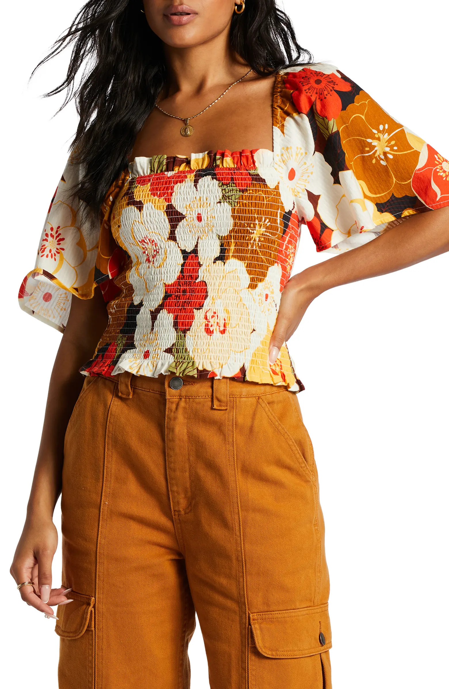Golden Daze Smocked Flutter Sleeve Cotton Top | Nordstrom