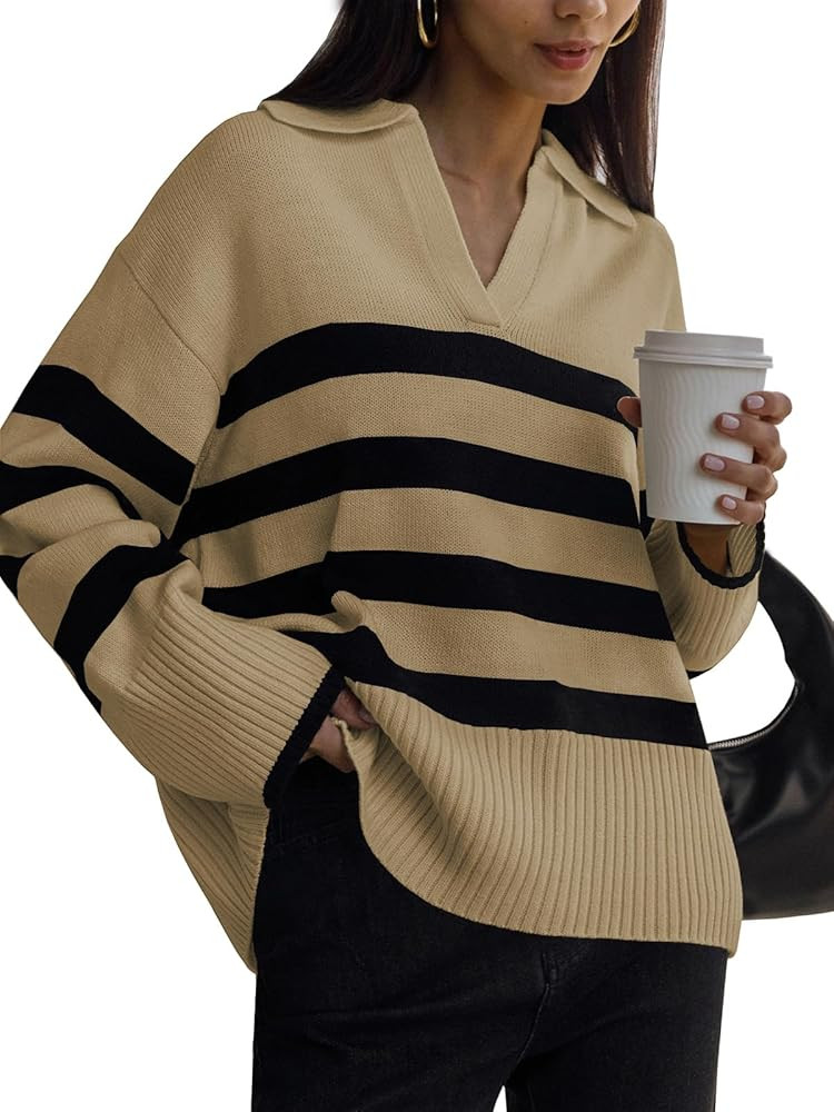 LILLUSORY Fall Womens Striped Fashion 2023 Sweaters Collared Oversized Outfits Knit Pullover Tunic T | Amazon (US)