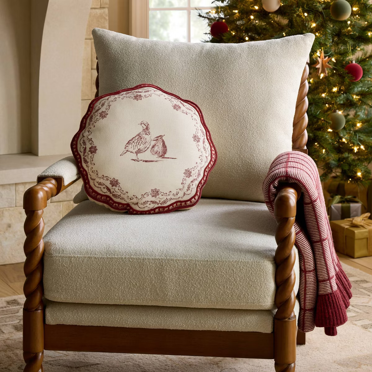 Cream and Burgundy Partridge Pillow - 16"R x 2"D - Threshold™ designed with Studio McGee | Target