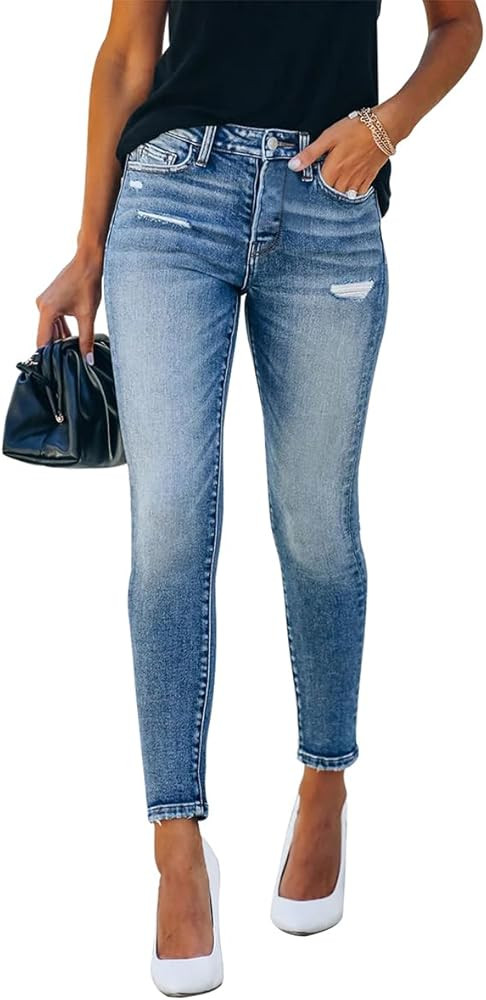 KUNMI Women's Ripped Skinny Jeans Distressed Stretchy Denim Pants | Amazon (US)