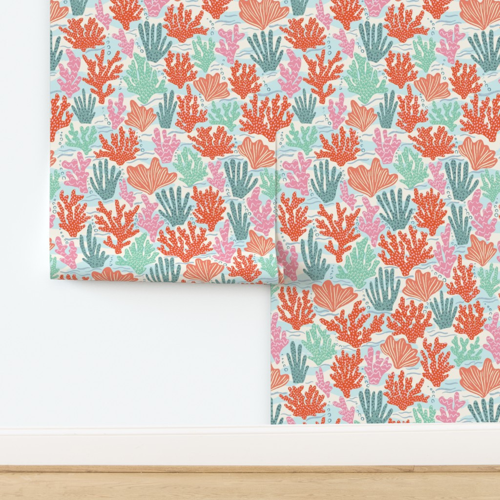 Tropical Coral Reef in Pink Red Green and Teal Wallpaper byjennykoland | Spoonflower