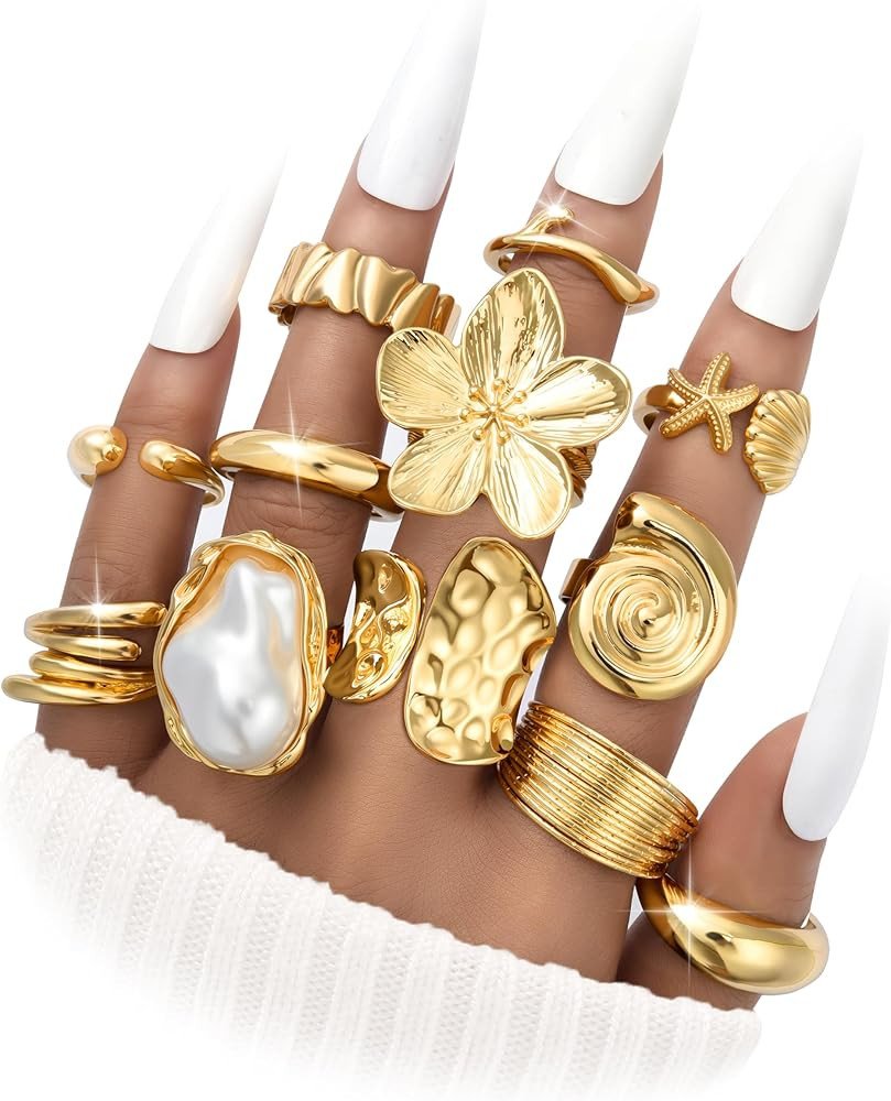 FAXHION 12 PCS Chunky Gold Rings for Women Non Tarnish Statement Flower Ring, 14K Gold Plated Sta... | Amazon (US)