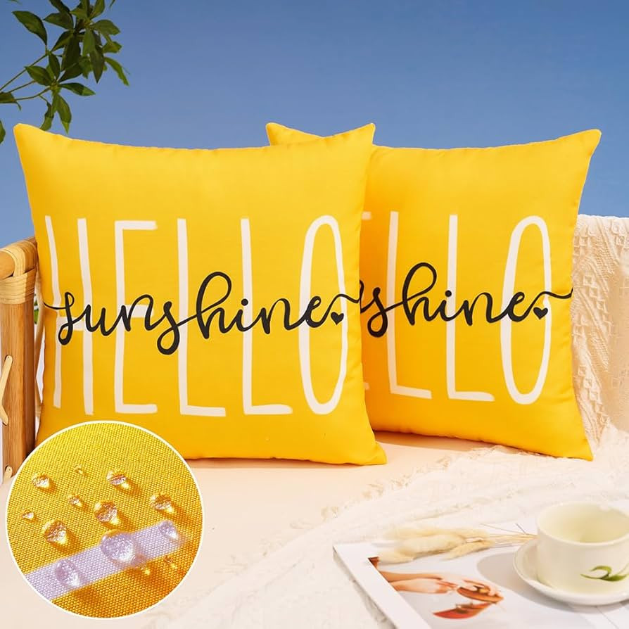 DFXSZ Outdoor Pillow Covers 18x18 Inch Set of 2 Hello Sunshine Decor Yellow Waterproof Summer Out... | Amazon (US)