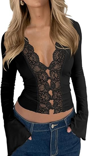 CSDAJIO Women's Long Sleeve Lace Tops for Women Deep V Neck Button Up Open Front Sexy Going Out S... | Amazon (US)